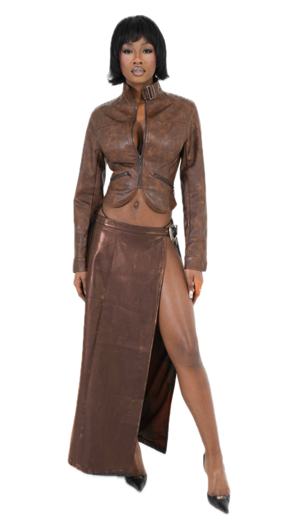 COCKY MAXI SKIRT (BROWN LEATHER)